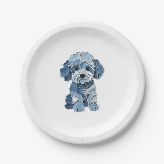 Niedliche Denim Patchwork Hundelabbildung Pappteller (Vorderseite)
