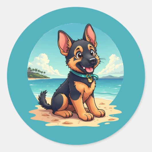 Niedliche Deutscher Schäferhund Welpe Beach Illust Runder Aufkleber (Vorderseite)