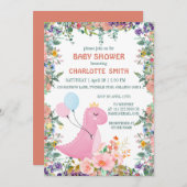 Niedliche Dino-Kronenballon Flora Babydusche Einladung (Vorne/Hinten)