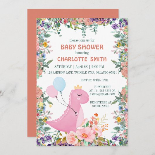 Niedliche Dino-Kronenballon Flora Babydusche Einladung (Vorne/Hinten)