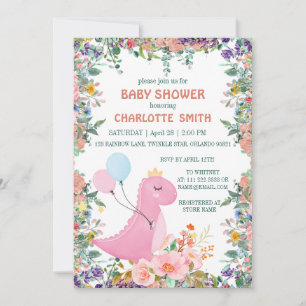 Niedliche Dino-Kronenballon Flora Babydusche Einladung