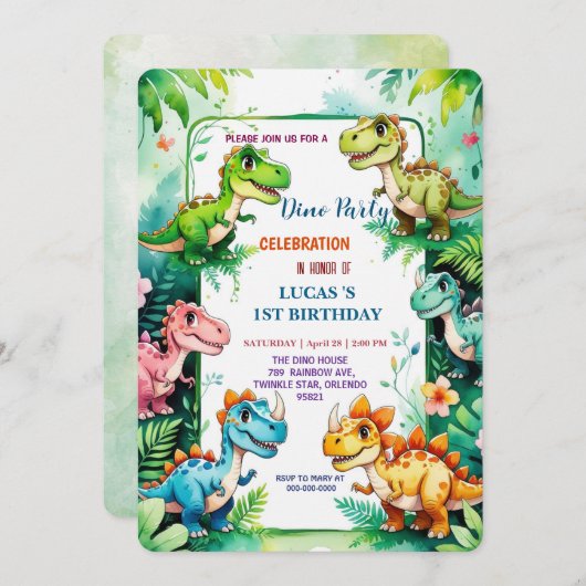 Niedliche DIno Wildblume Dinosaurier 1. Geburtstag Save The Date (Vorne/Hinten)