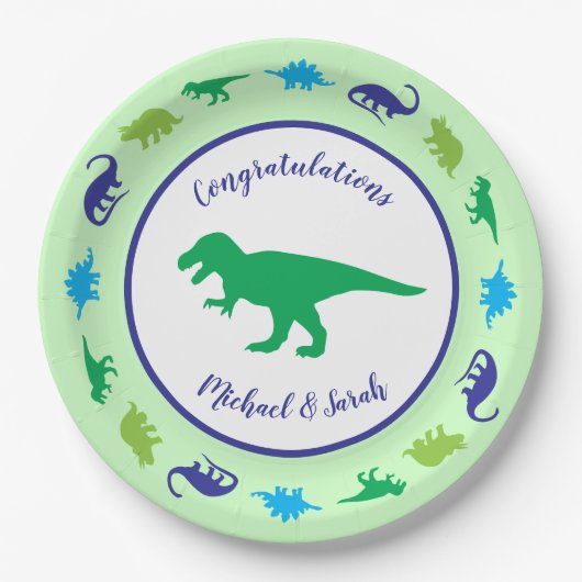 Niedliche Dinosaur Baby Dusche Dino Blue und Green Pappteller (Vorderseite)