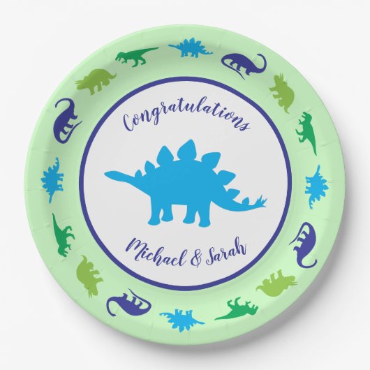 Niedliche Dinosaur Baby Dusche Dino Blue und Green Pappteller (Vorderseite)
