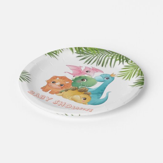 Niedliche Dinosaurier Babydusche Pappteller (Schrägansicht)