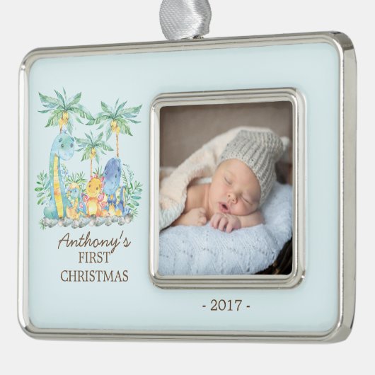 Niedliche Dinosaurier Baby's 1. Weihnachtsgeschenk Rahmen-Ornament Silber (Links)