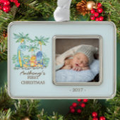 Niedliche Dinosaurier Baby's 1. Weihnachtsgeschenk Rahmen-Ornament Silber