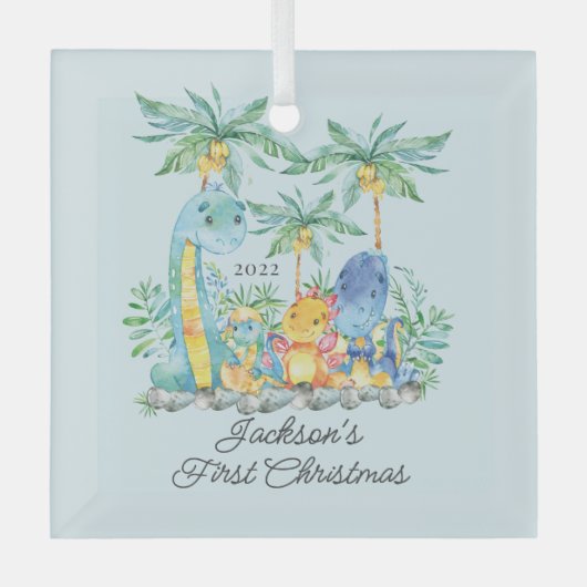 Niedliche Dinosaurier Baby's First Christmas Ornament Aus Glas (Vorderseite)