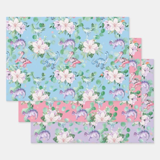 Niedliche Dinosaurier Blumenillustrierung Party Geschenkpapier Set (Set)