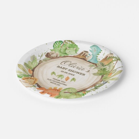 Niedliche Dinosaurier Boy Baby Dusche Grüne Leafy Pappteller (Schrägansicht)