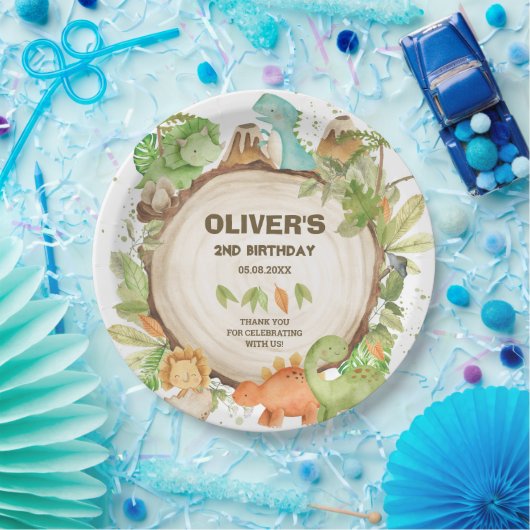 Niedliche Dinosaurier Boy Birthday Grüne Foliage Pappteller (Party)