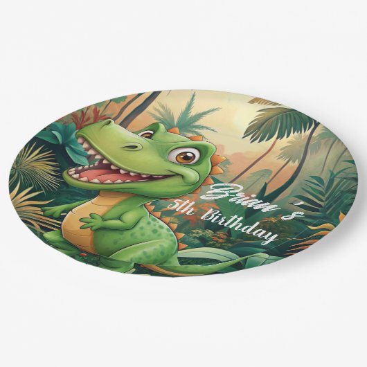 Niedliche Dinosaurier brüllen Boy Birthday Party Pappteller (Schrägansicht)
