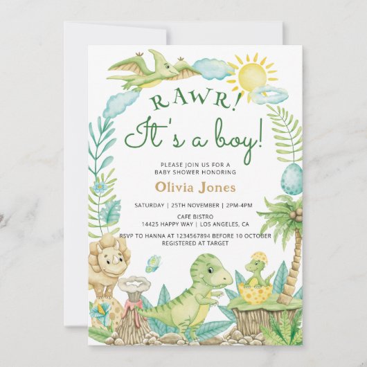 Niedliche Dinosaurier Ei Aquarell Kinderdusche Einladung (Vorderseite)