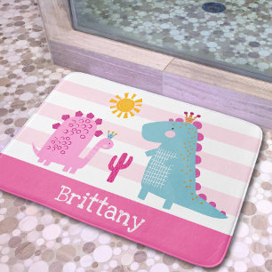 Niedliche Dinosaurier Girl Pink Streifen Name Fun  Badematte