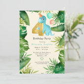 Niedliche Dinosaurier Green Blätter 4. Geburtstag  Einladung (Stehend Vorderseite)