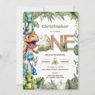 Niedliche Dinosaurier Grüne 1. Geburtstag 1 Einladung