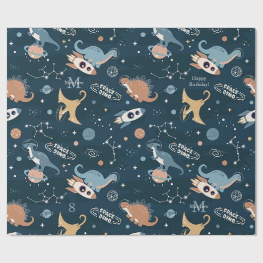 Niedliche Dinosaurier im Space Pattern Kindergebur Geschenkpapier (Flach)