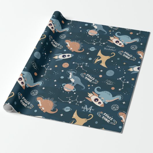 Niedliche Dinosaurier im Space Pattern Kindergebur Geschenkpapier (Ungerollt)