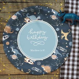Niedliche Dinosaurier im Space Pattern Kindergebur Pappteller