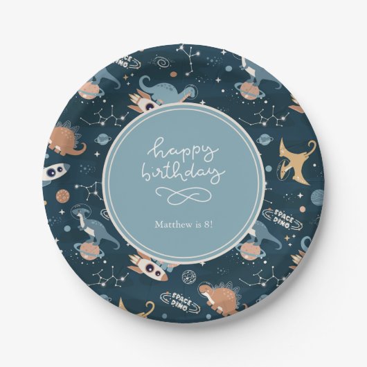 Niedliche Dinosaurier im Space Pattern Kindergebur Pappteller (Vorderseite)