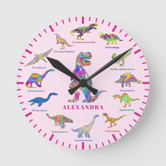 Niedliche Dinosaurier mit rosa Namen Runde Wanduhr (Vorderseite)