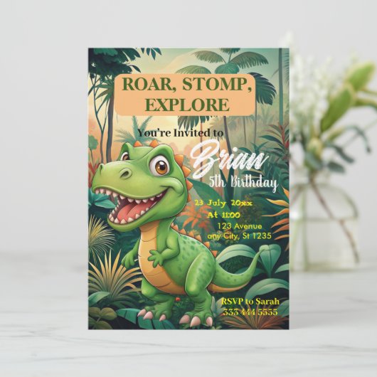 Niedliche Dinosaurier rauschen Junge Geburtstag Einladung (Stehend Vorderseite)