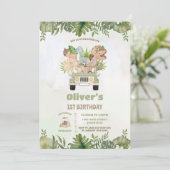 Niedliche Dinosaurier Safari Auto 1. 2. 3. Geburts Einladung (Stehend Vorderseite)