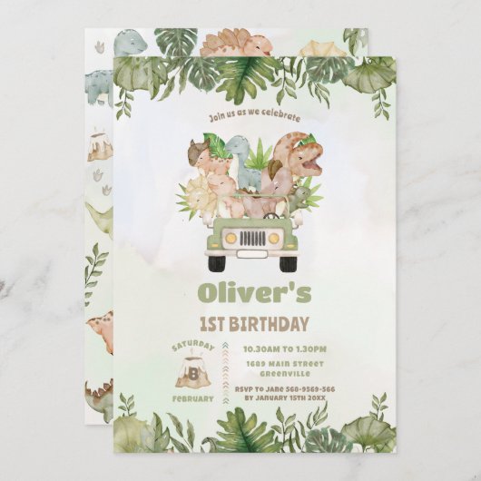 Niedliche Dinosaurier Safari Auto 1. 2. 3. Geburts Einladung (Vorne/Hinten)