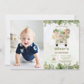 Niedliche Dinosaurier Safari Auto 1. 2. Geburtstag Einladung (Vorderseite)