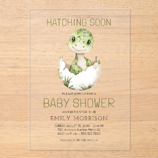 Niedliche Dinosaurier Schläge Bald Babydusche Acryleinladungen (Vorderseite)