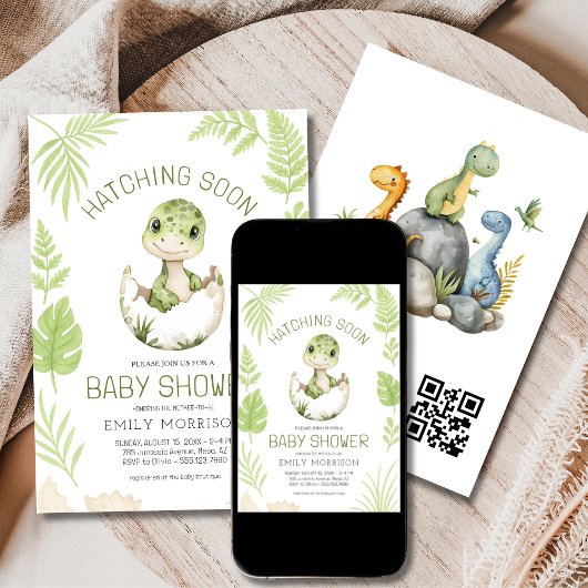 Niedliche Dinosaurier Schläge bald QR Code Baby Du Einladung