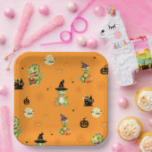 Niedliche Dinosaurier spielen Kürbistrick oder Lec Pappteller (Party)