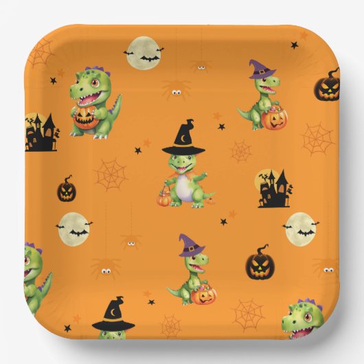 Niedliche Dinosaurier spielen Kürbistrick oder Lec Pappteller (Vorderseite)