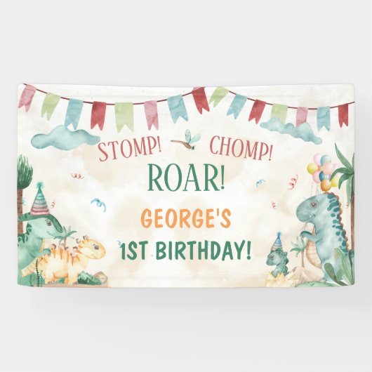 Niedliche Dinosaurier Stomp Chomp Roar Boy Geburts Banner (Horizontal)