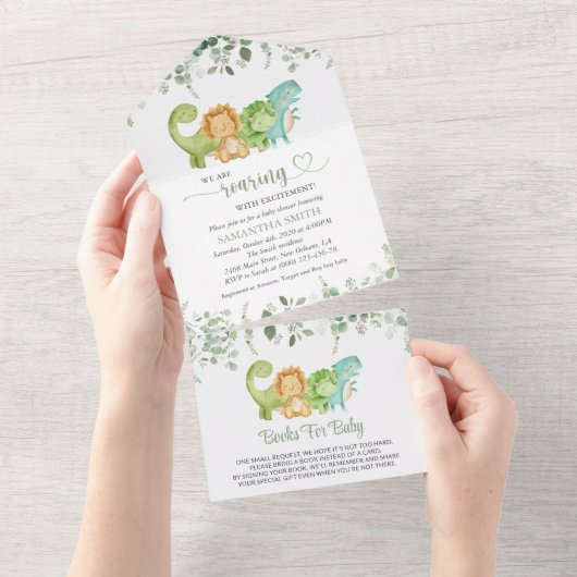 Niedliche Dinosaurier, T-Rex, Jurassik, Babydusche All In One Einladung (Abreißen)