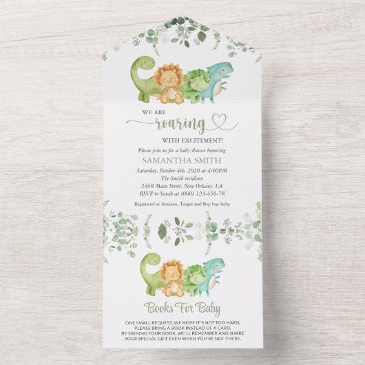 Niedliche Dinosaurier, T-Rex, Jurassik, Babydusche All In One Einladung (Innen Boden)