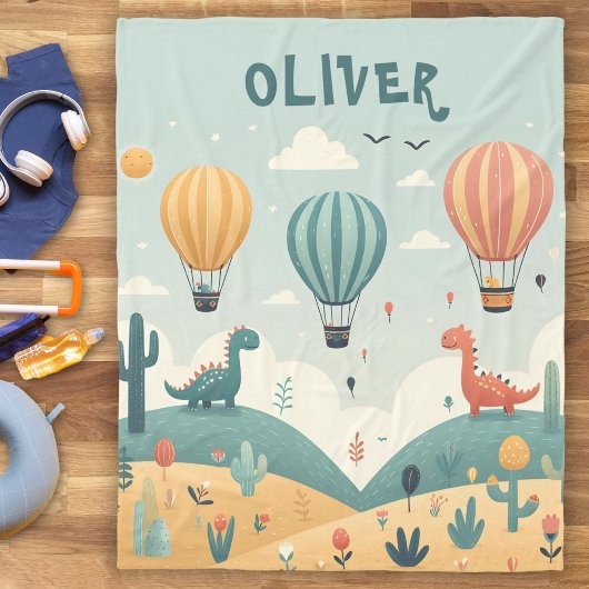 Niedliche Dinosaurier und Heißluftballons Fleecedecke