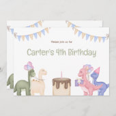 Niedliche Dinosaurier und Kuchen Kind Geburtstag Einladung (Vorne/Hinten)