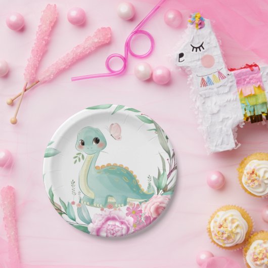 Niedliche Dinosaurier und Pink Peonies Baby Dusche Pappteller (Party)