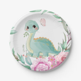 Niedliche Dinosaurier und Pink Peonies Baby Dusche Pappteller