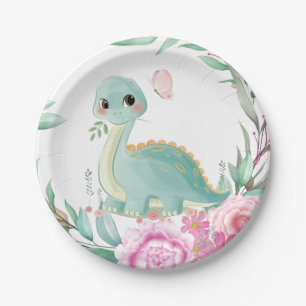 Niedliche Dinosaurier und Pink Peonies Baby Dusche Pappteller
