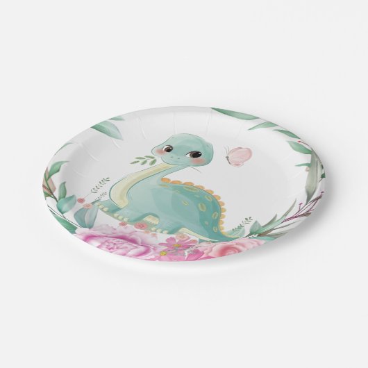 Niedliche Dinosaurier und Pink Peonies Baby Dusche Pappteller (Schrägansicht)