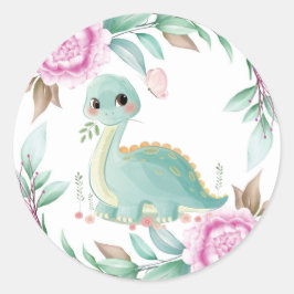 Niedliche Dinosaurier und Pink Peony Baby Dusche Runder Aufkleber