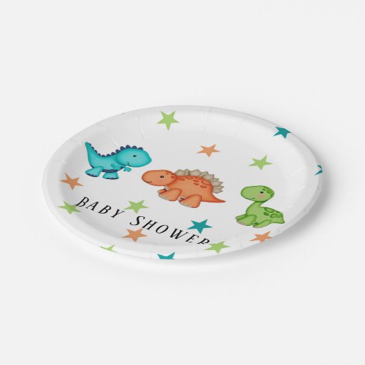 Niedliche Dinosaurier und Stars Babydusche Pappteller (Schrägansicht)