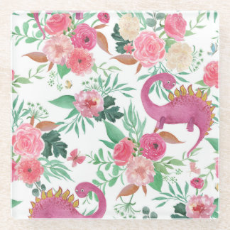 Niedliche Dinosaurier Vintages Blumenmuster Glasuntersetzer