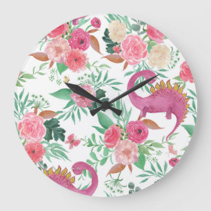 Niedliche Dinosaurier Vintages Blumenmuster Große Wanduhr