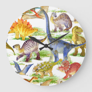 Niedliche Dinosaurier Wasserfarbe Nahtlose Kunst Große Wanduhr