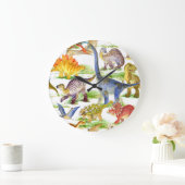 Niedliche Dinosaurier Wasserfarbe Nahtlose Kunst Große Wanduhr (Zuhause)
