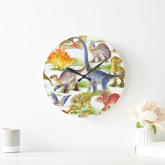 Niedliche Dinosaurier Wasserfarbe Nahtlose Kunst Große Wanduhr (Zuhause)