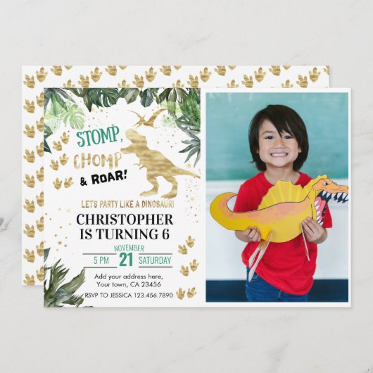 Niedliche Dinosaurier zum ersten Geburtstag Einladung (Vorne/Hinten)